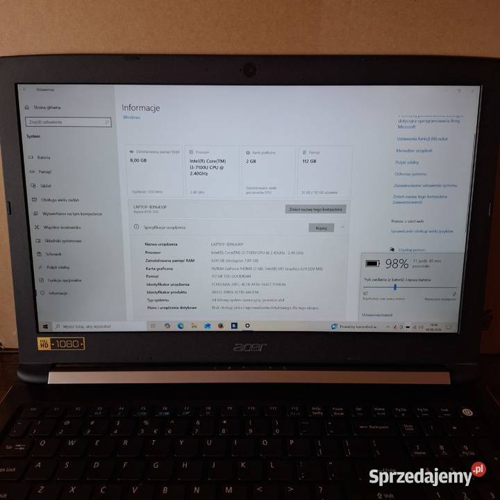 Acer Aspire 5 MATOWA IPS FULL HD1080i3 24GHzRAM Częstochowa sprzedam