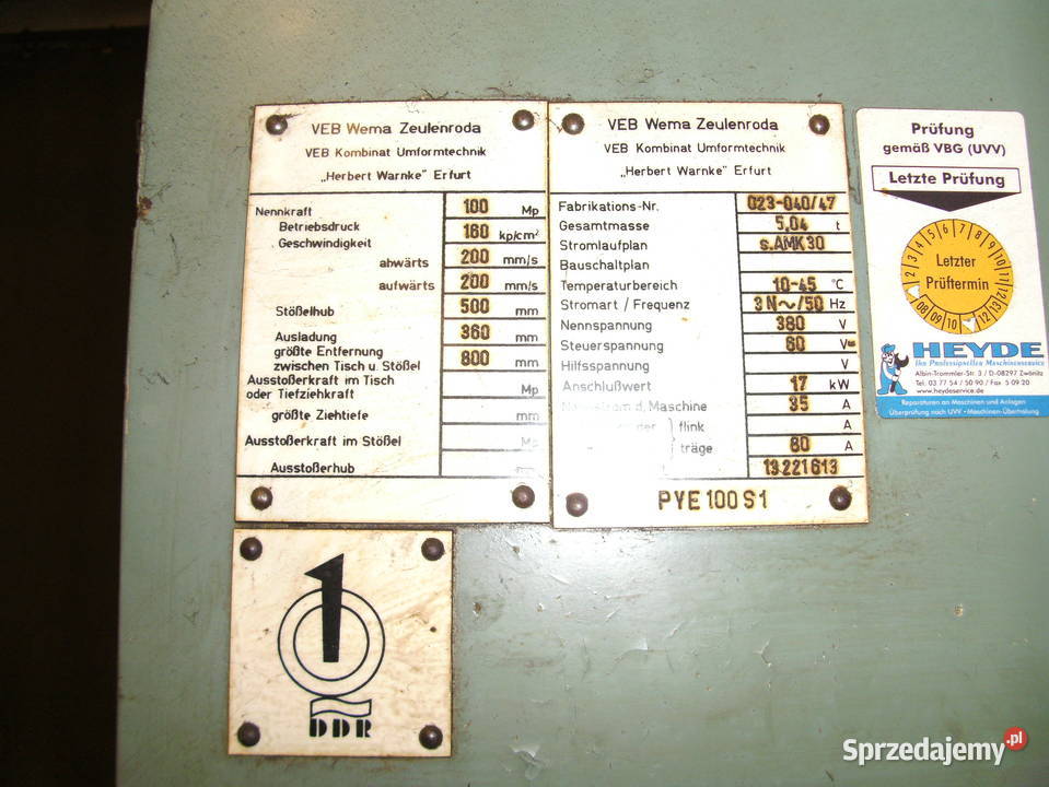 Prasa Hydrauliczna WMW PYE 100 S1 Trzebunia