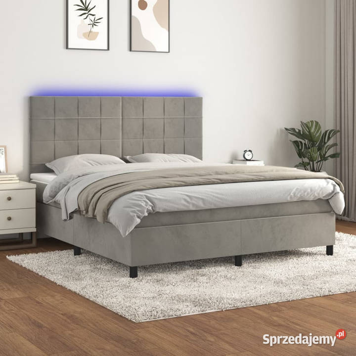 Łóżko kontynentalne z materacem i LED szare 180cm