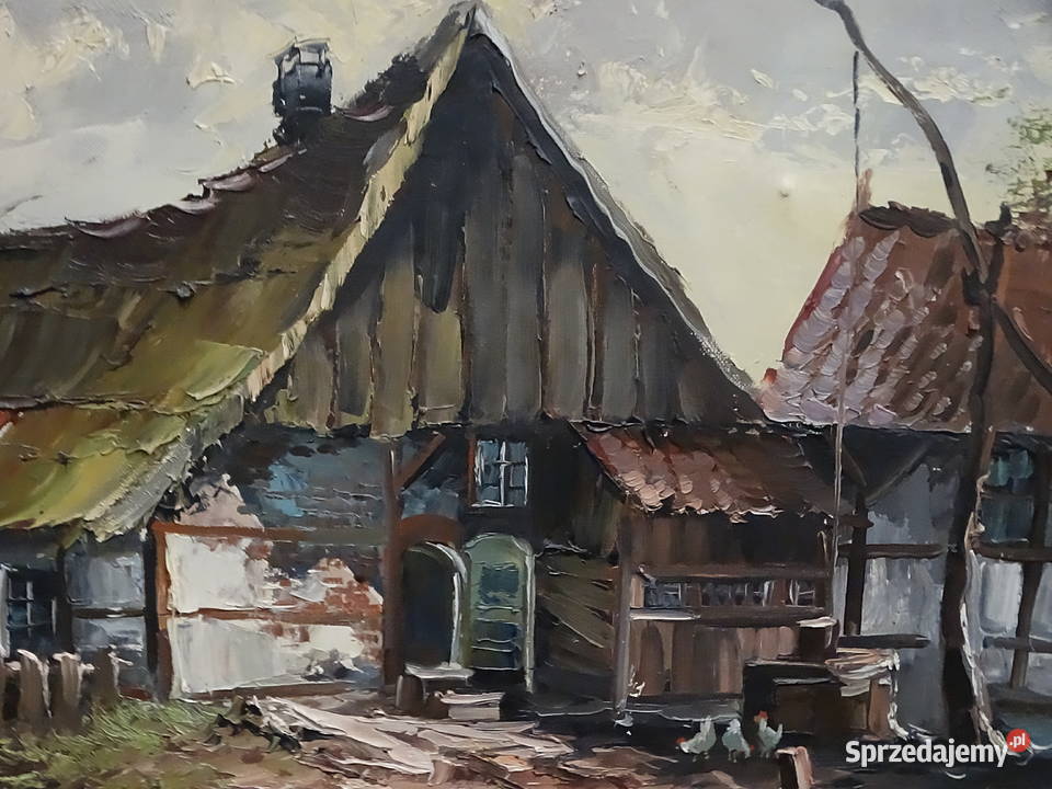 Stary Obraz Olejny Na Płótnie Wiejski Pejzaż Biłgoraj