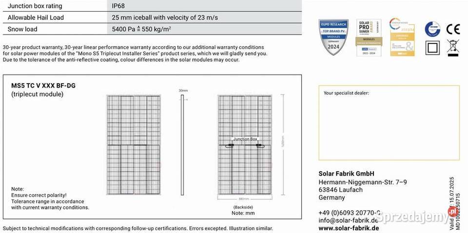 Panel Solar Fabrik 300W NType TOPCon Bifacial sprzedam