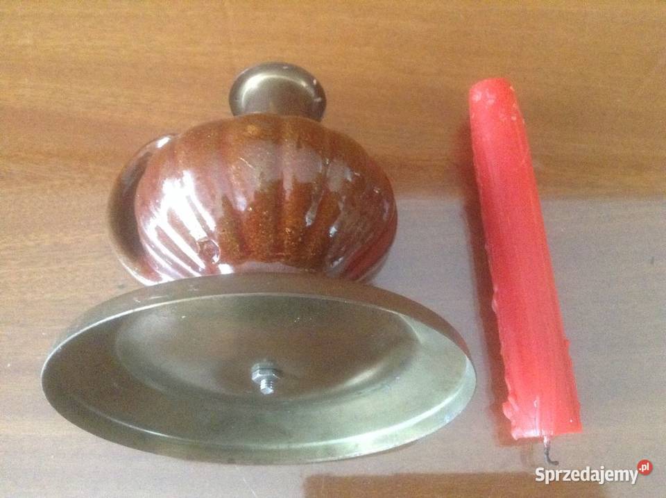 Stary kaganekświecznik ceramiczny z metalowymi Opole