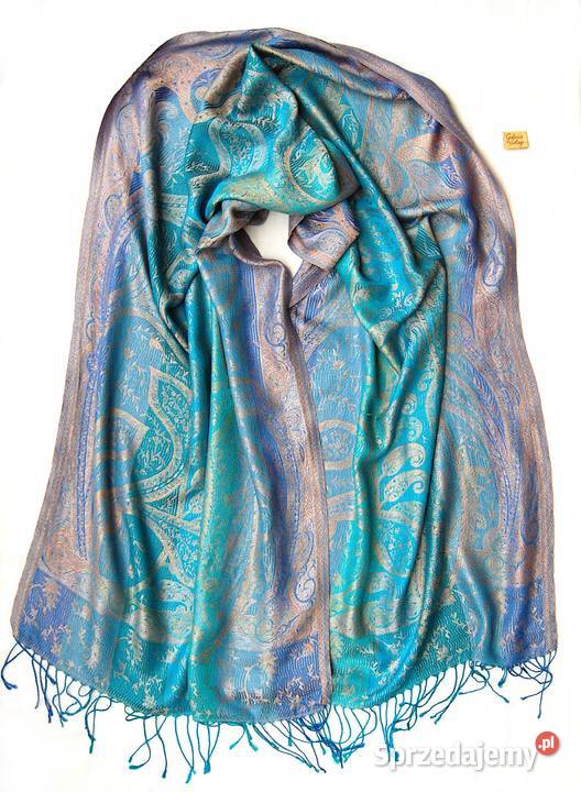 Jedwabny szal Indiska paisley 100 jedwab turkus