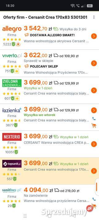 Nowa Wanna przyścienna Cersanit CREA 170x83 NOWA Jędrzejów