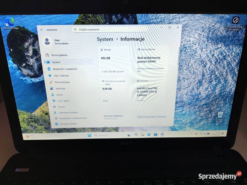 Laptop Acer TravelMate P253 i53230M 1TB SSHD Granowo