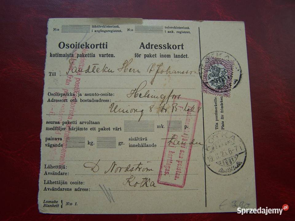 Finlandia 1925 Dowód nadania śląskie Tychy