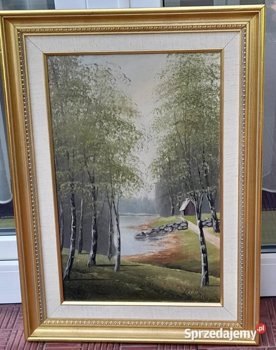 1895 AFH Pejzaż z brzozami złota rama cenny Iłża