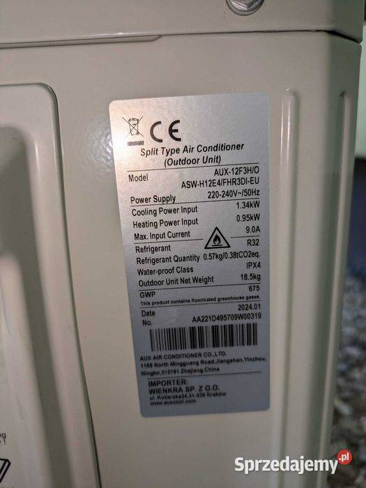 Klimatyzacja AUX12F3H 35kW opolskie Paczków sprzedam
