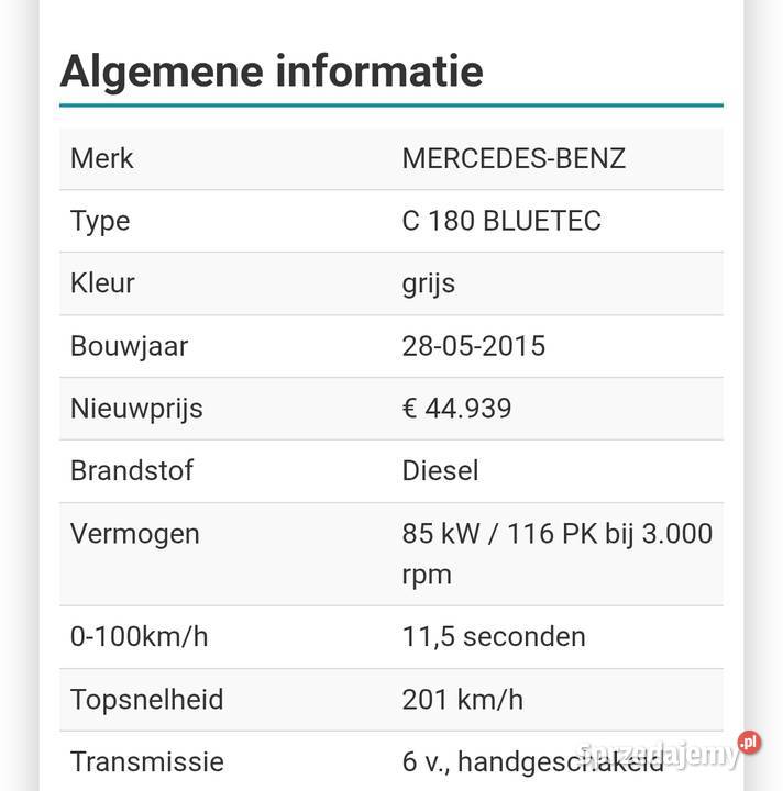 Sprzedam Mercedes 16 diesel 2015 Cklasa srebrny małopolskie Kraków sprzedam