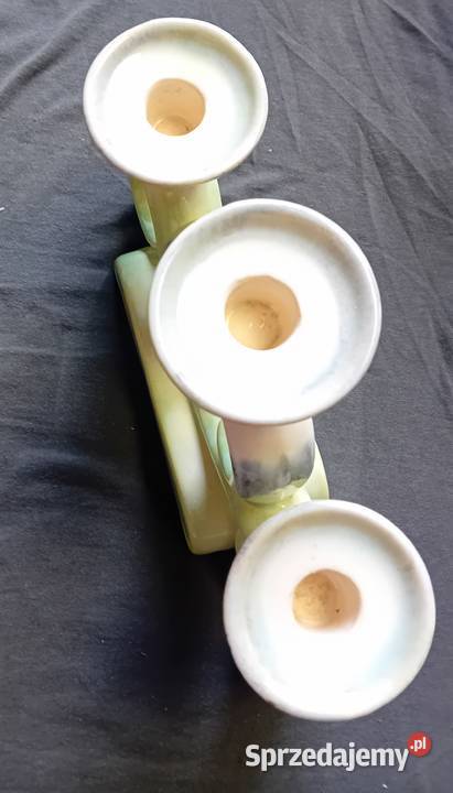 Ceramiczny turkusowy świecznik trójramienny art Antyki, Sztuka, Kolekcje Koźminek