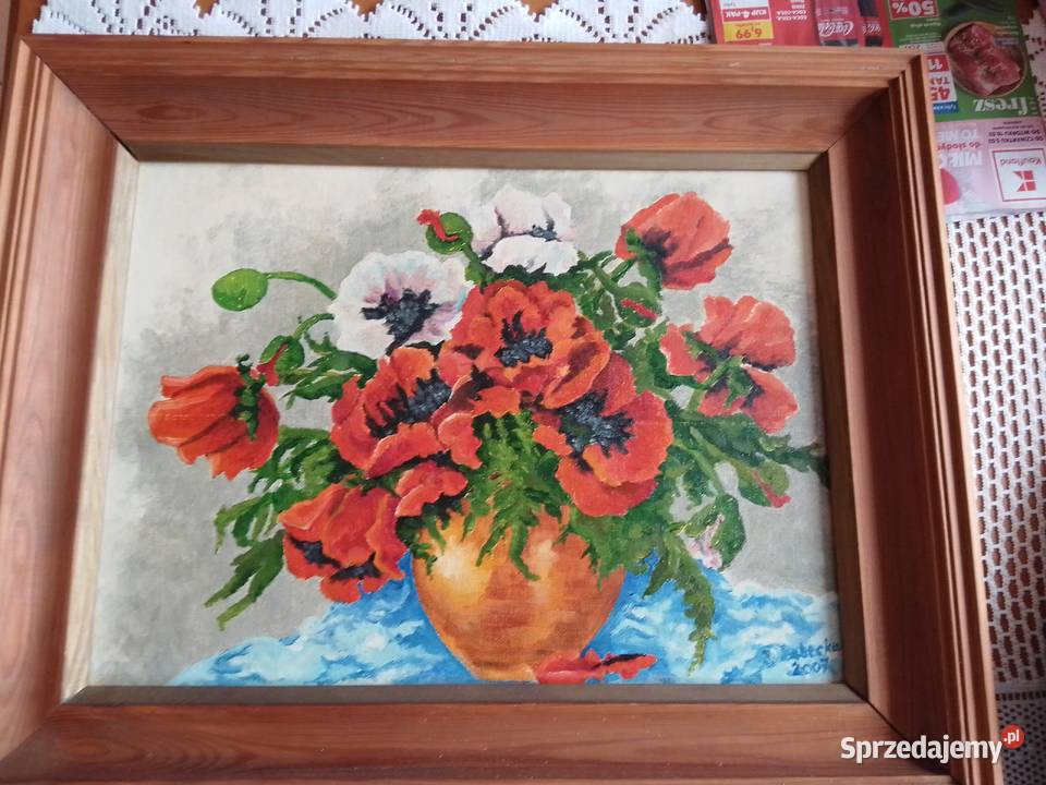 Śliczny obraz z buketem maków w drewnianej ramie