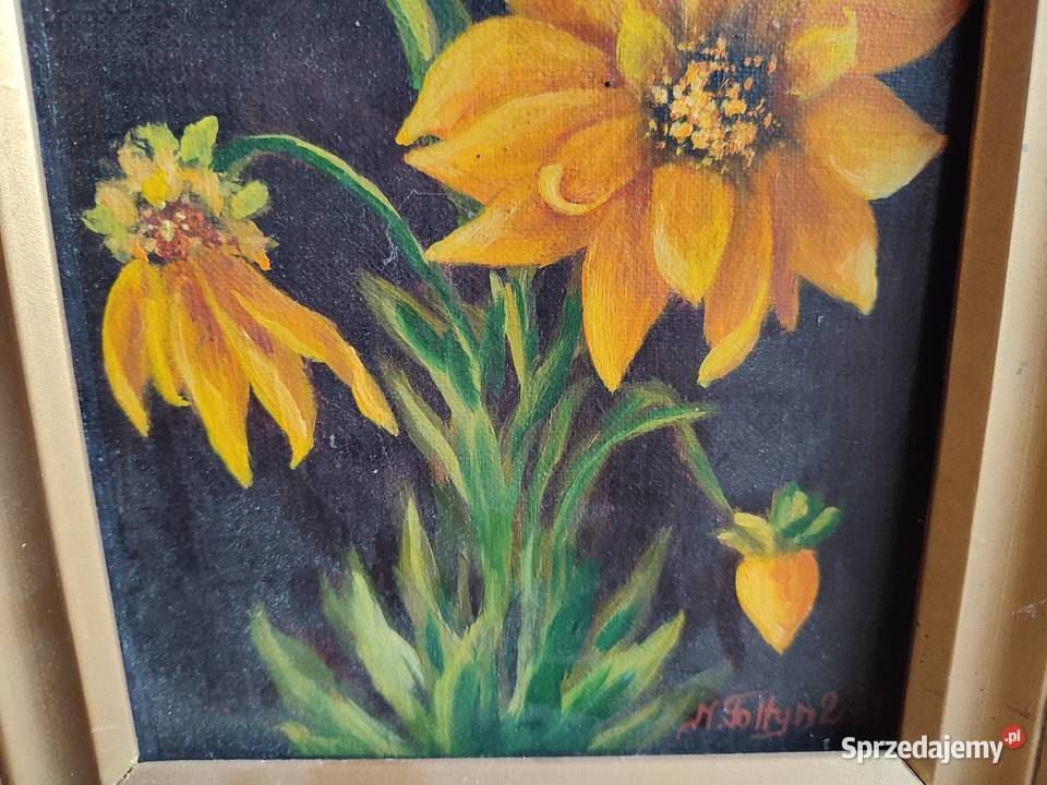 Obraz olejny martwa natura kwiaty sygnowany M Łódź