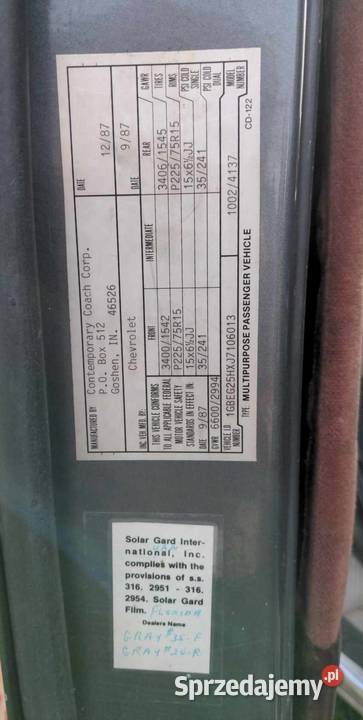 chevrolet G20 kamper RV B class z californii Rok produkcji 1987