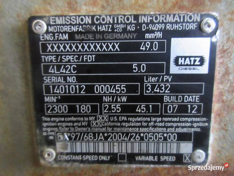 SILNIK HATZ 4L42C 4 CYL POJEMNOŚĆ 34 L 45KW Rok produkcji 2012 Mojusz