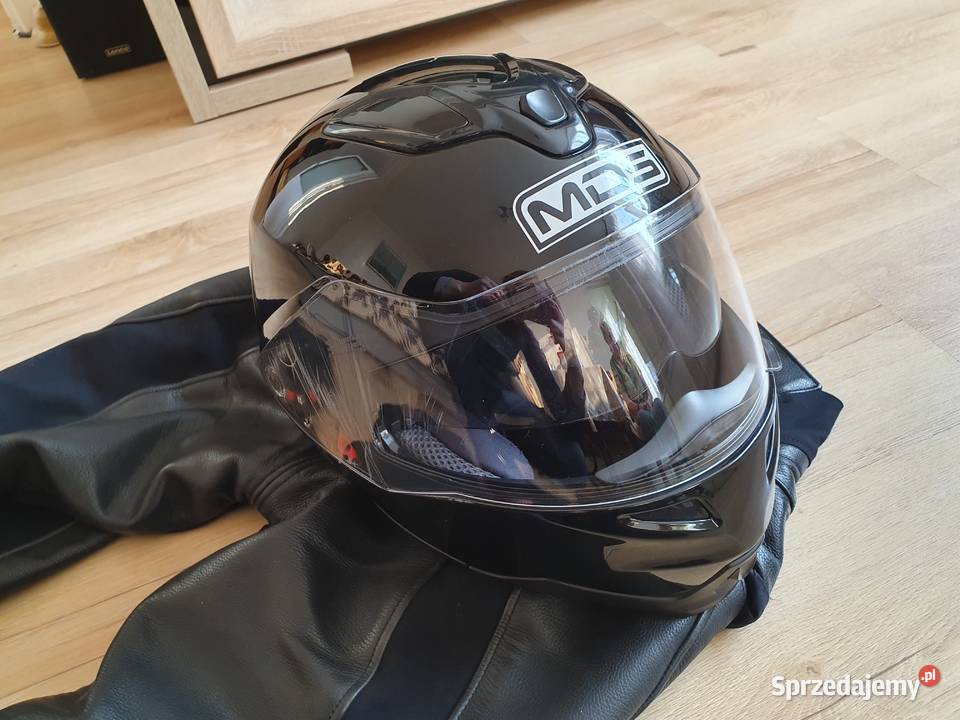 Kurtka L spodnie 42 kask S skóra czarne motocykl