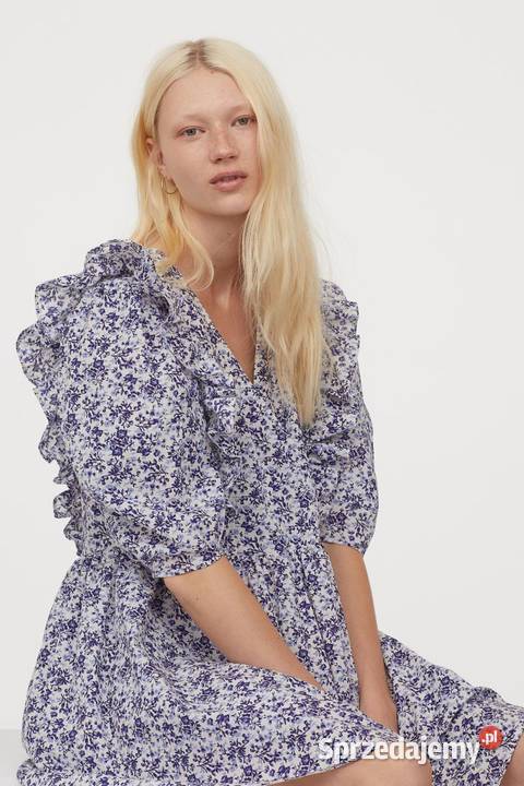 Kwiatowa sukienka HM M 38 bufki retro niebieskie