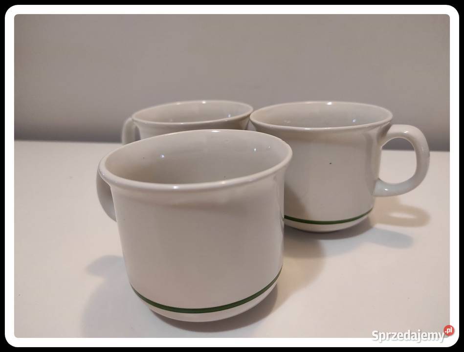 TUŁOWICE 3 filiżanki białe z zielonym paskiem mazowieckie