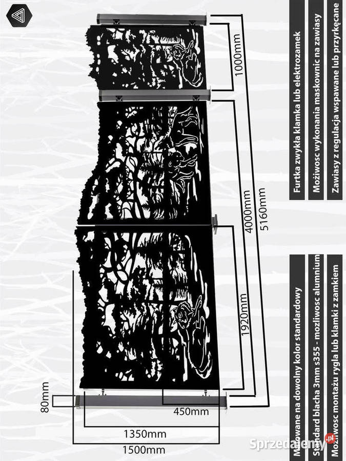 Brama skrzydłowa CNC Wahadłowa wilki las Furtka