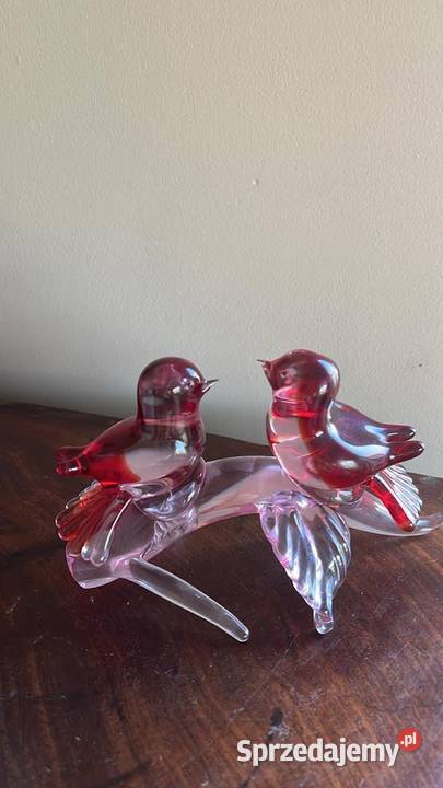 Szklana figurka 2 Ptaszki na gałęzi Z czerwono