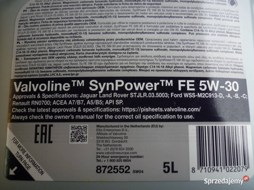 Olej VALVOLINE SYNPOWER FE 5W30 5L odbiór Poznań