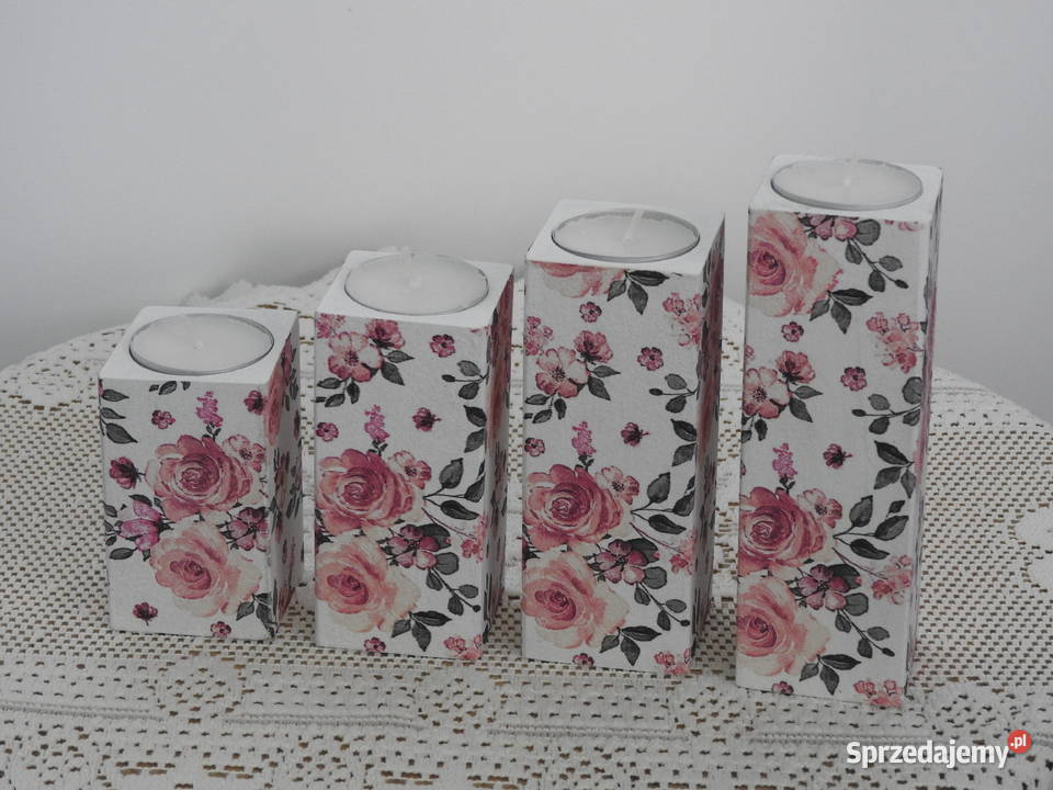 Świeczniki zestaw drewniane decoupage handmade śląskie Bytom