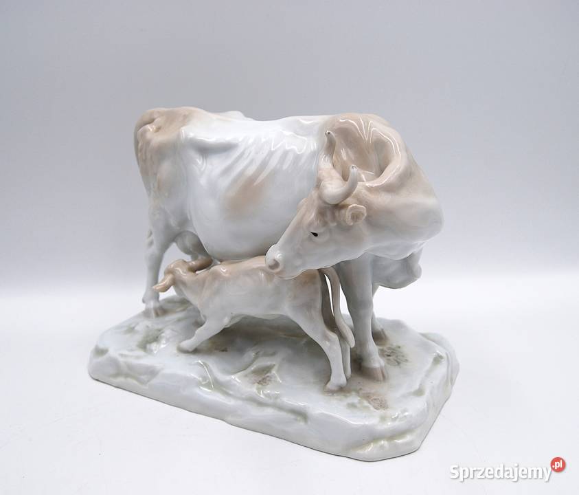 Porcelanowa figura krowy z cielęciem Ens znak Poznań