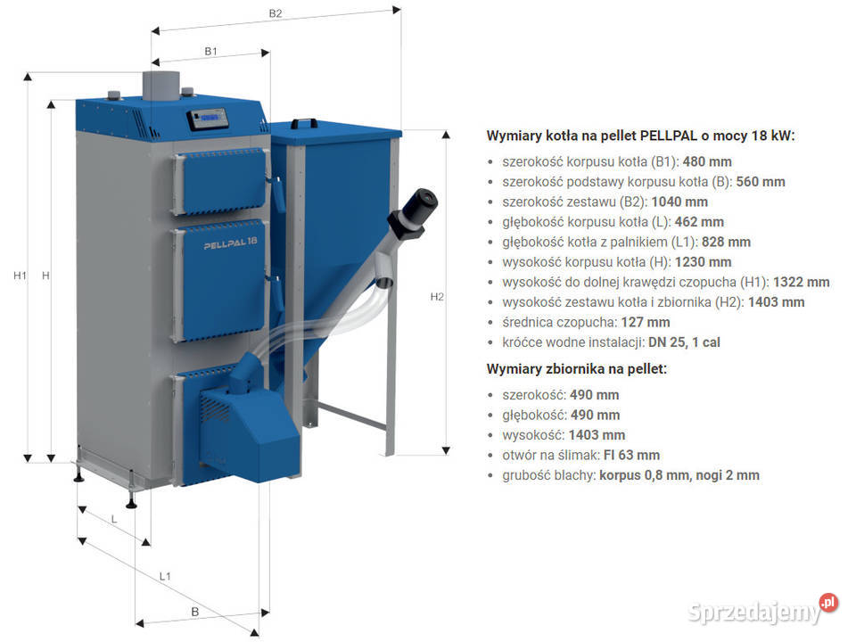 Kocioł piec co 18kW z podajnikiem na pellet