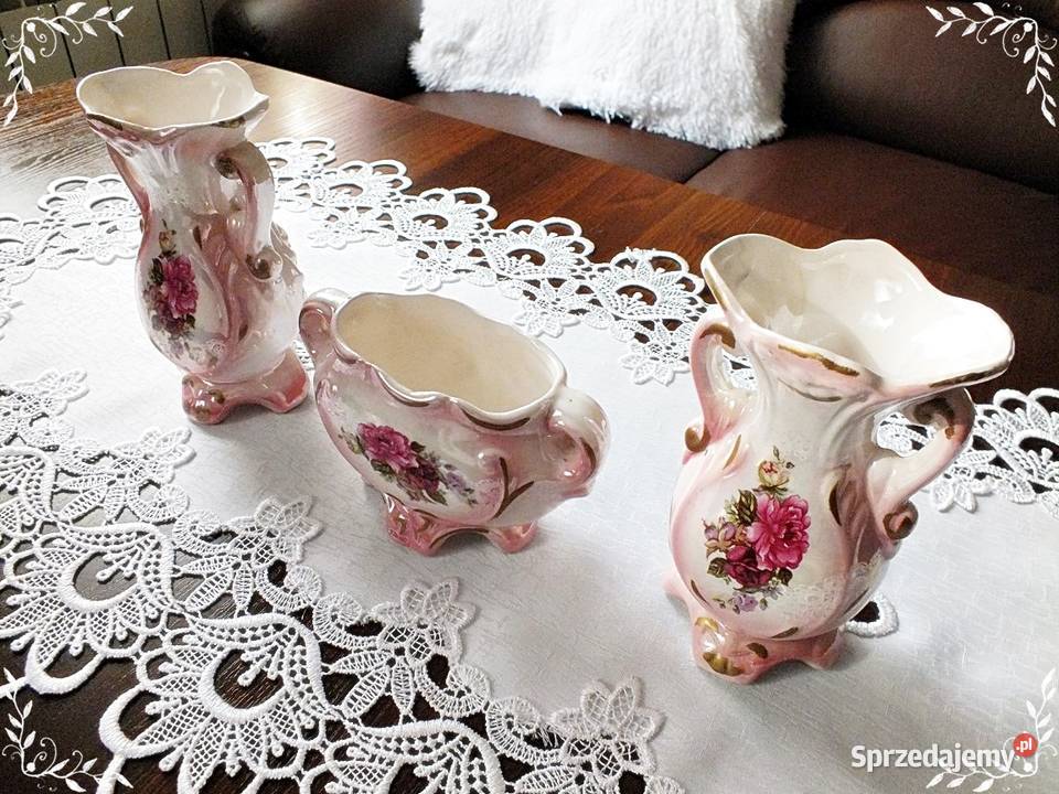 Stary porcelanowy komplet różowy kwiaty Śliczny Żary