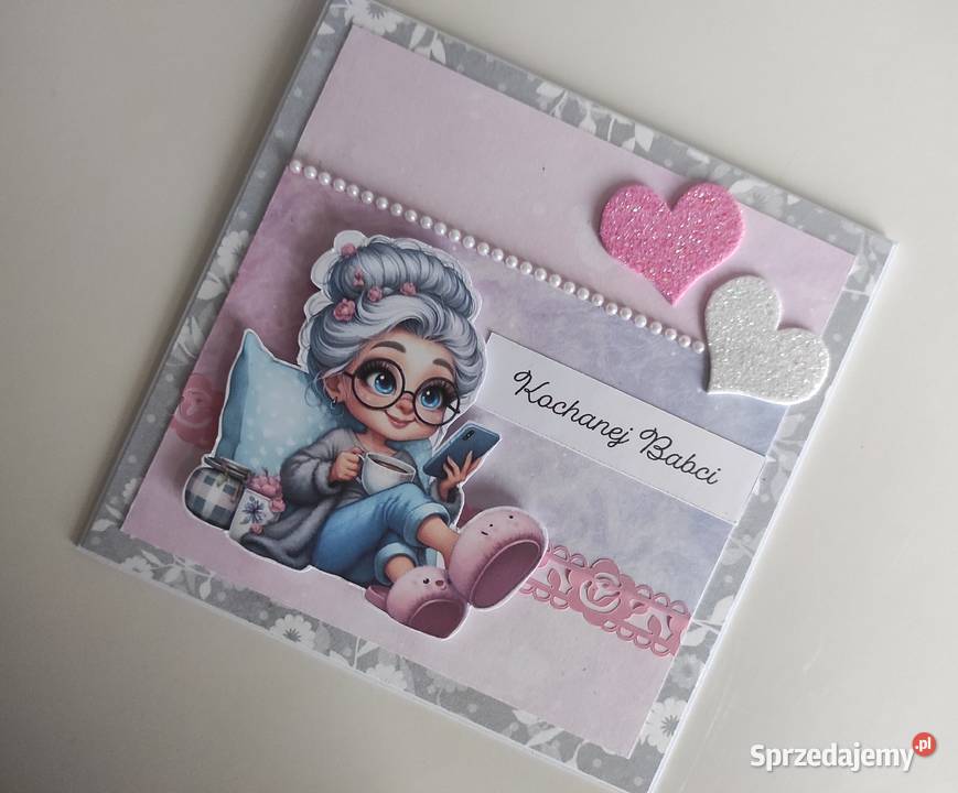 Kartka ręcznie robiona na Dzień Babci różowa sprzedam