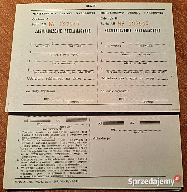 Druczek zaświadczenie reklamacyjne z PRL MON 5 wielkopolskie Ostrów Wielkopolski
