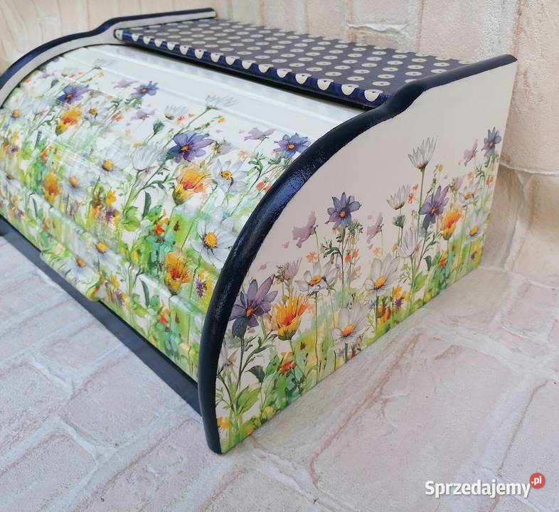 Chlebak duży z drewna decoupage kwiaty łąkowe Chlebaki