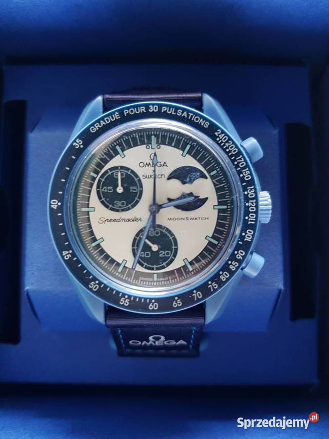 Zegarek nareczny Omega mission to the moon blue Milicz