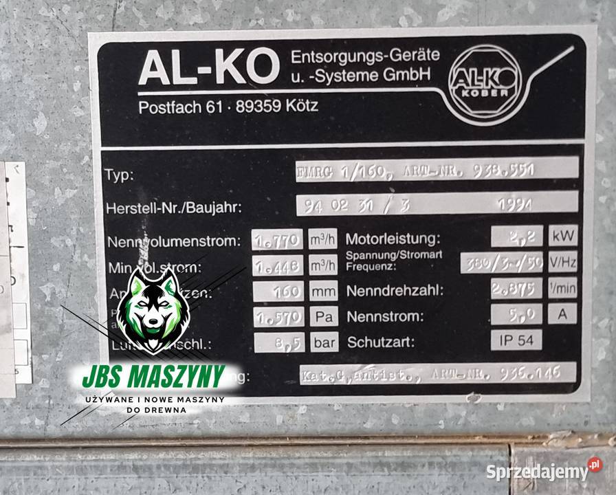 Odciąg trocin pyłu ALKO FMRG 1160 Pneumatyczne Wolica Druga