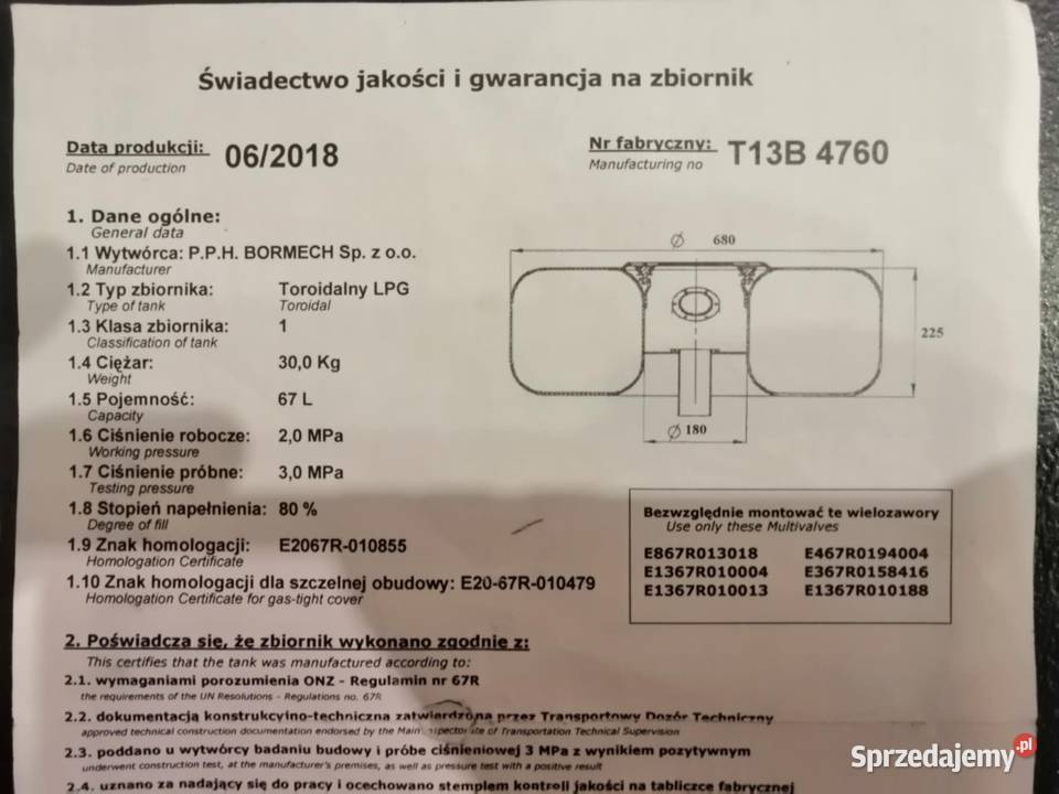 Sprzedam zbiornik lpg 67l osobowe Pabianice