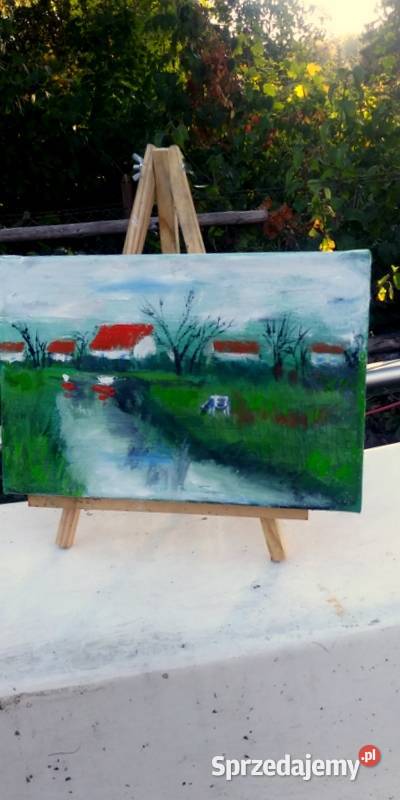 obraz olejny pejzaż wiejski z krową Olsztyn