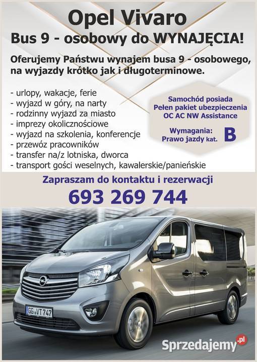 Wynajem busa 9osobowego Opla Vivaro Transport Tyczyn