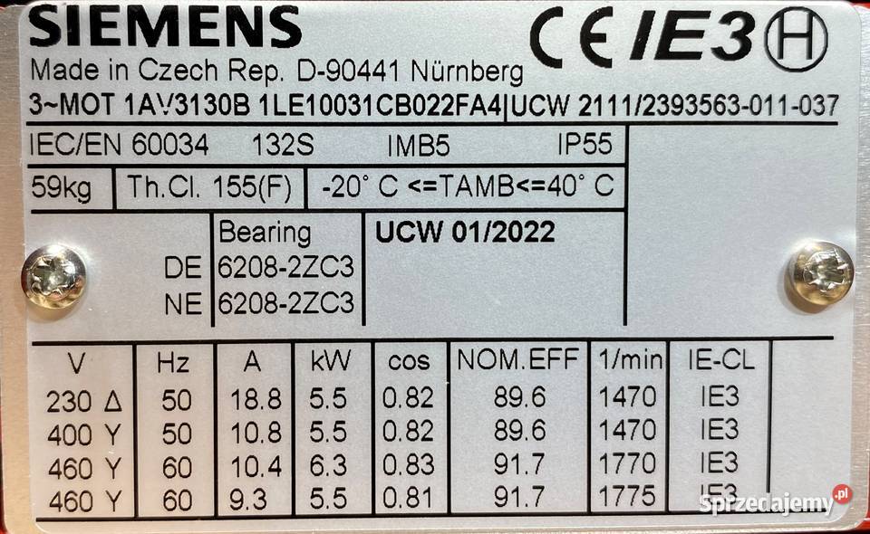 silnik elektryczny 55kW 1470obr SIEMENS IE3 Pigża