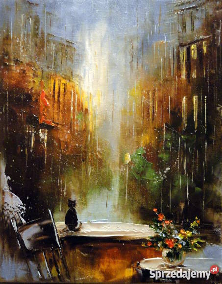 Uliczka w deszczu obraz olejny 24x30