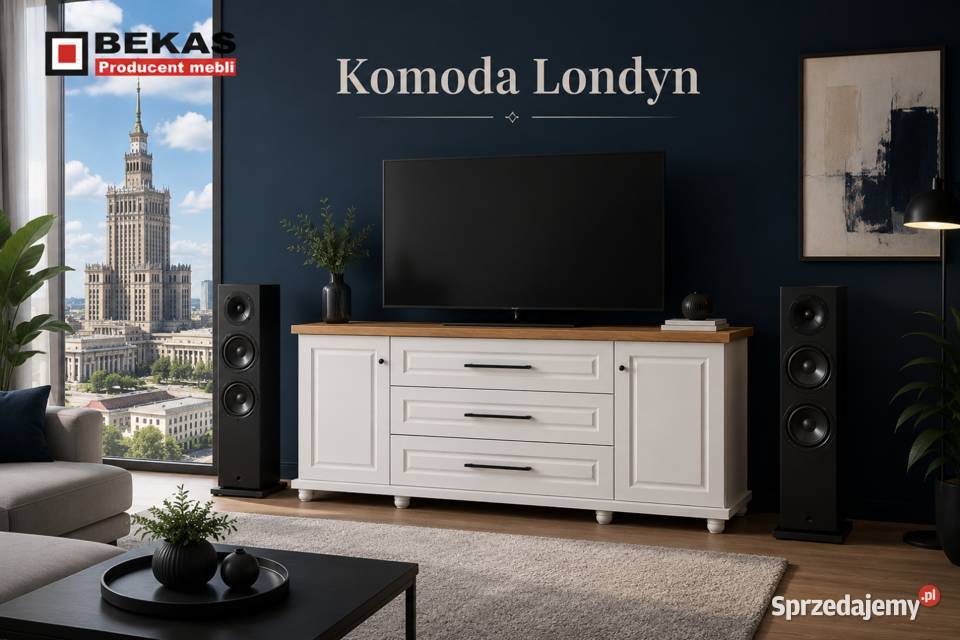 Biała Komoda RTV LONDYN Blatem Orzech Włoski Dąb