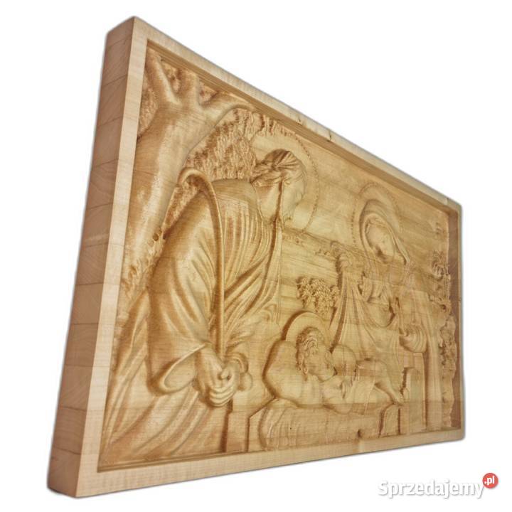 Drewniana płaskorzeźba Święta Rodzina Boże Malechowo