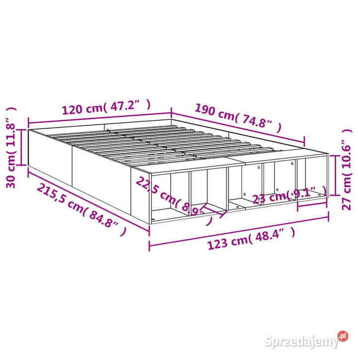Rama łóżka szarość betonu materiał 123cm
