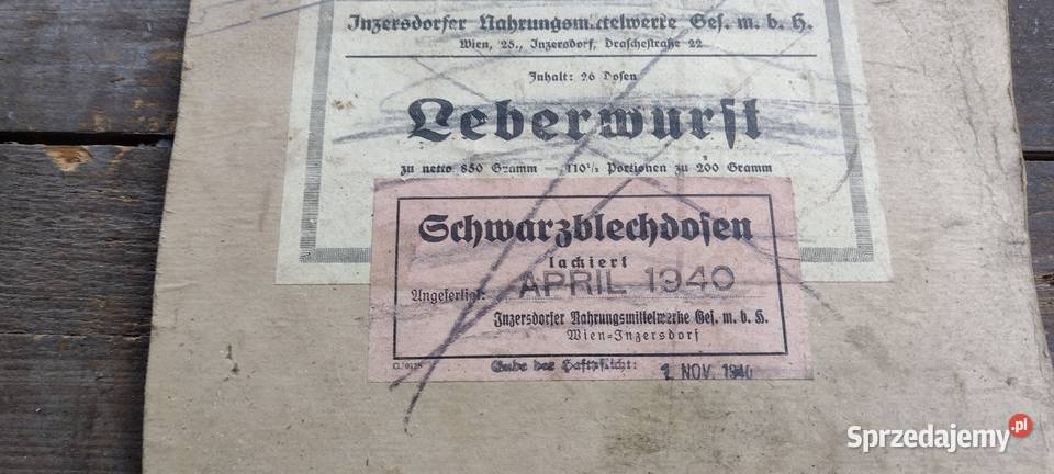Etykieta leberwurft 1940 Wiedeń 25Jungersdorf Militaria opolskie Namysłów