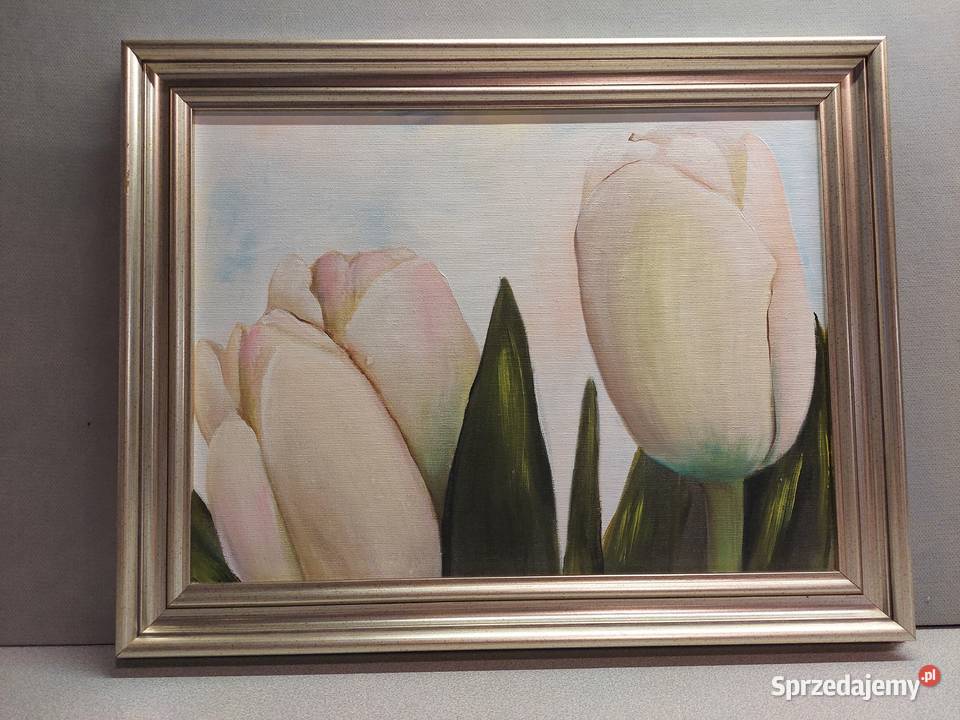 Kwiaty w jasnozłotej ramie trzy obrazy Wrocław