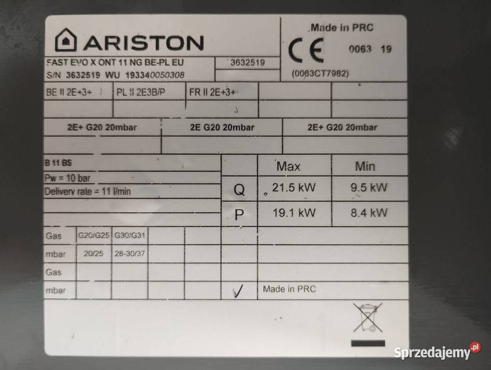 ARISTON FAST EVO X ONT 11 NG 3632519 Gazowy wielkopolskie