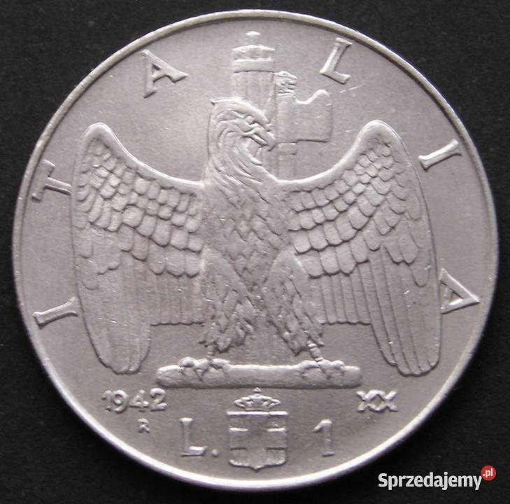 WŁOCHY 1 LIR 1942 WIKTOR EMANUEL III STAN 12 Numizmatyka Antyki, Sztuka, Kolekcje Łódź