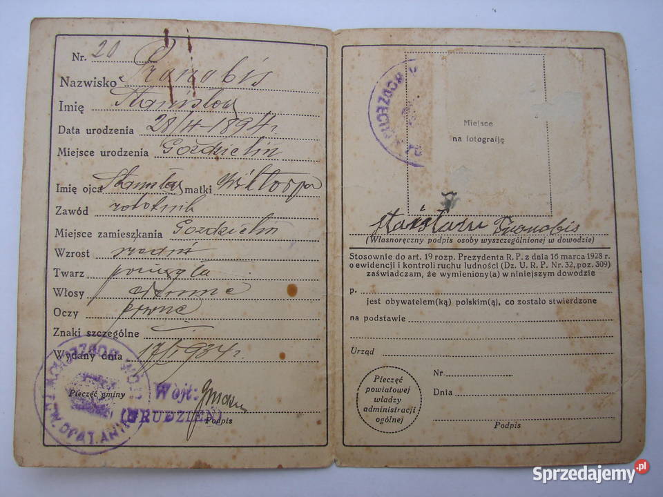 Goździelin gm Bodzechów dowód osobisty z 1934 Warszawa