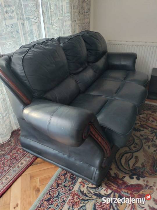 Zestaw wypoczynkowy prawdziwa skóra pełne drewno Dzierżoniów