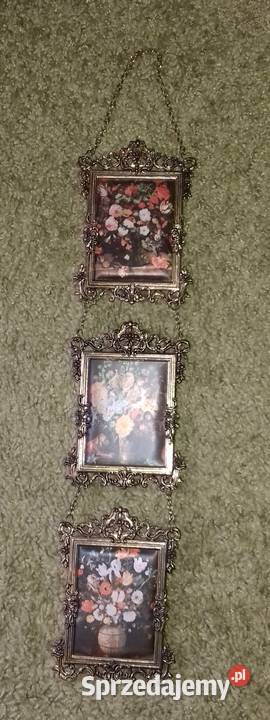 Piękne potrójne obrazki w mosiężnych ramkach Warszawa