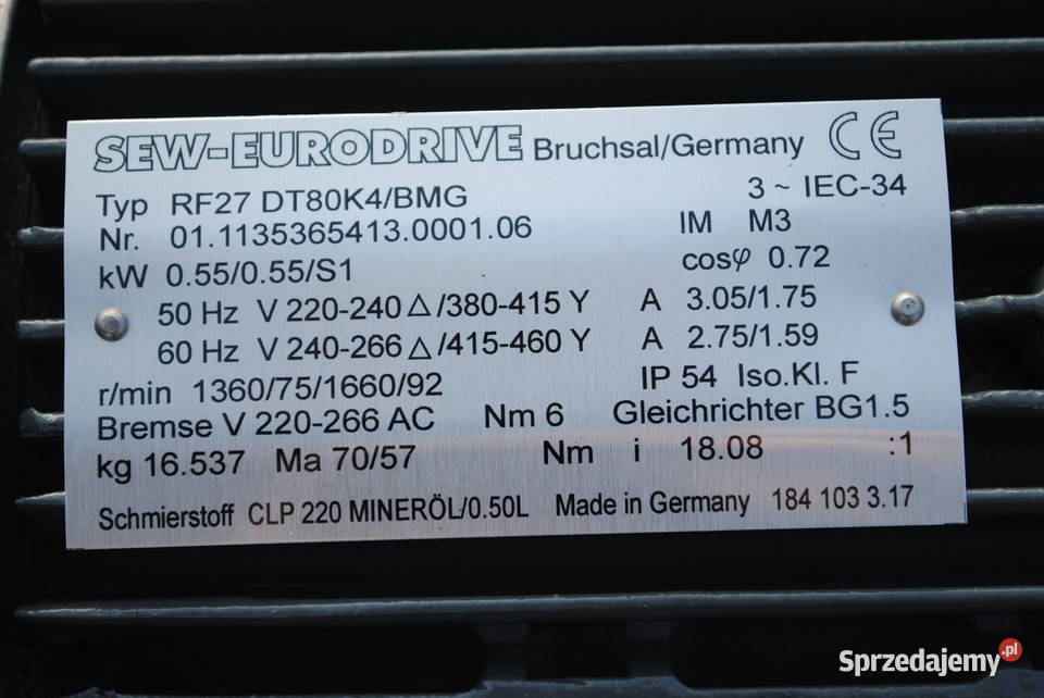 Motoreduktor kołnierzowy 055kw 75obr z hamulcem Pozostałe Kargowa