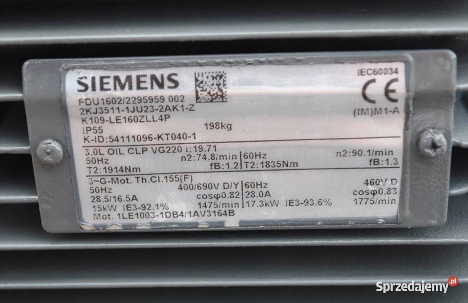 Motoreduktor kątowy 15kw 75obrmin Siemens sprzedam